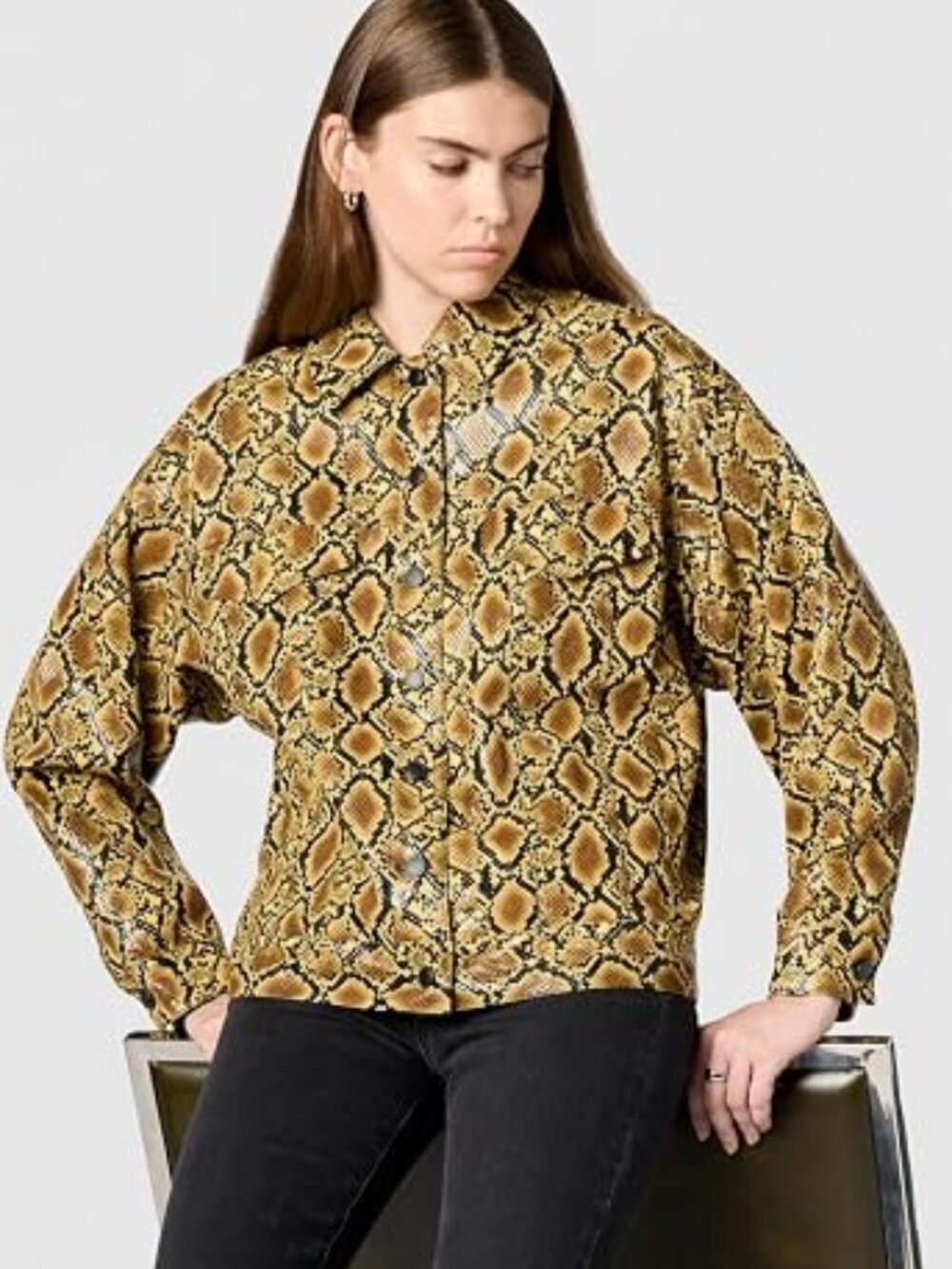 NWOT Good American Snake Print Faux Leather Trucker Jacket Yellow Oversized Sz S